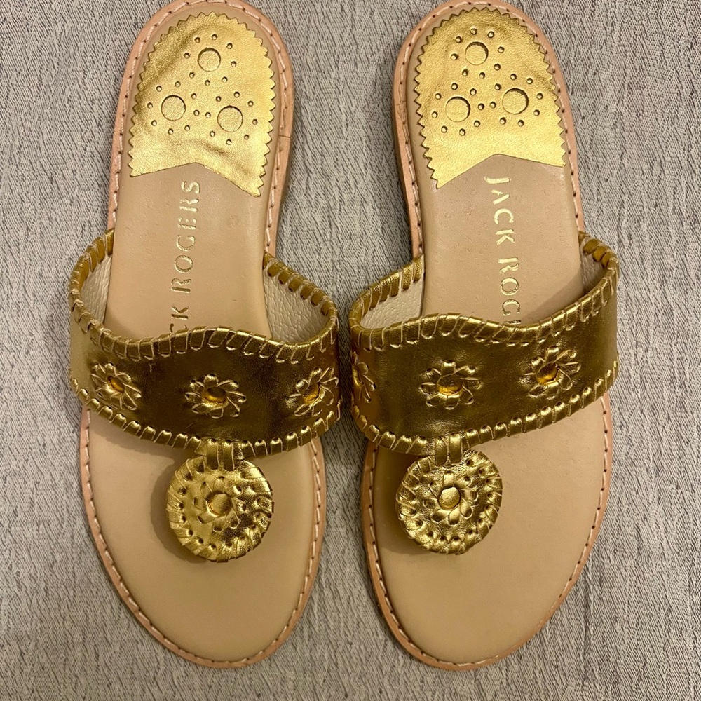 Jack Rogers Jacks Metallic Leather Flat Sandal - Gold - Size 7.5 - NWOT